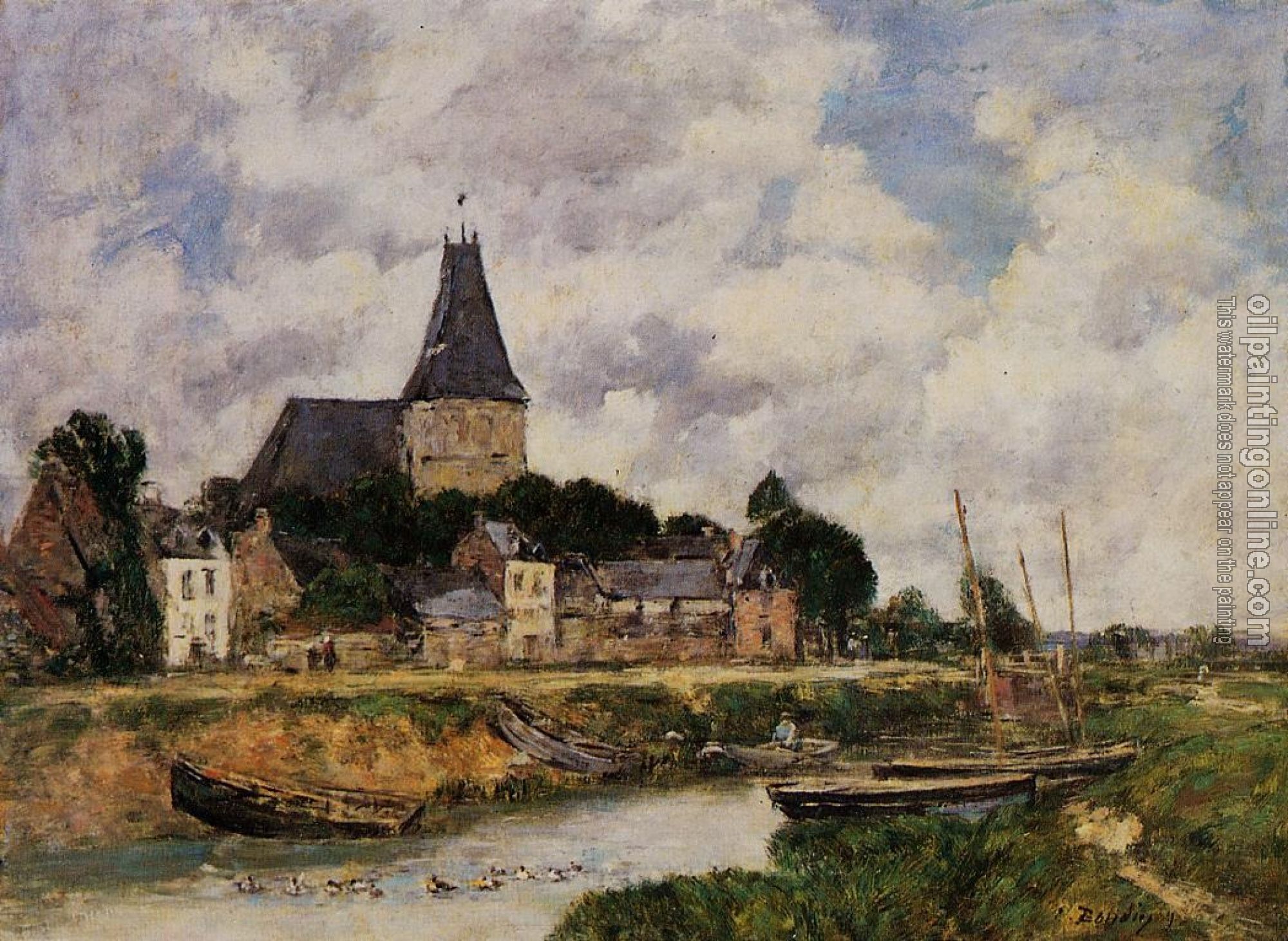 Boudin, Eugene - Quillebeuf, View of the Church from the Canal